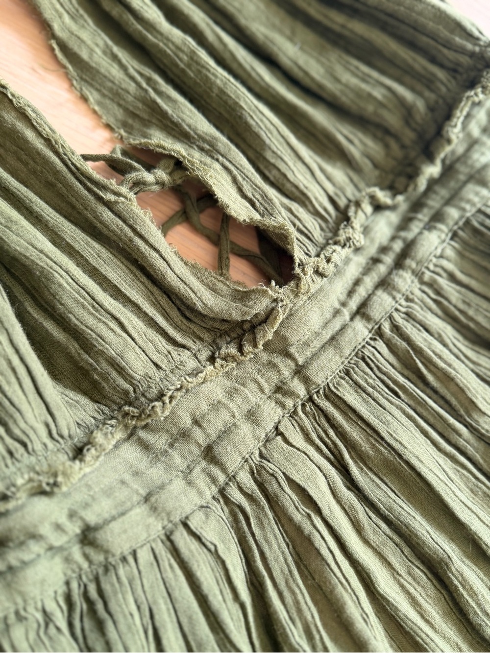 Free People Size Large Olive Green Halter Mini Dress Boho Hippie Cotton V Neck - Picture 8 of 16